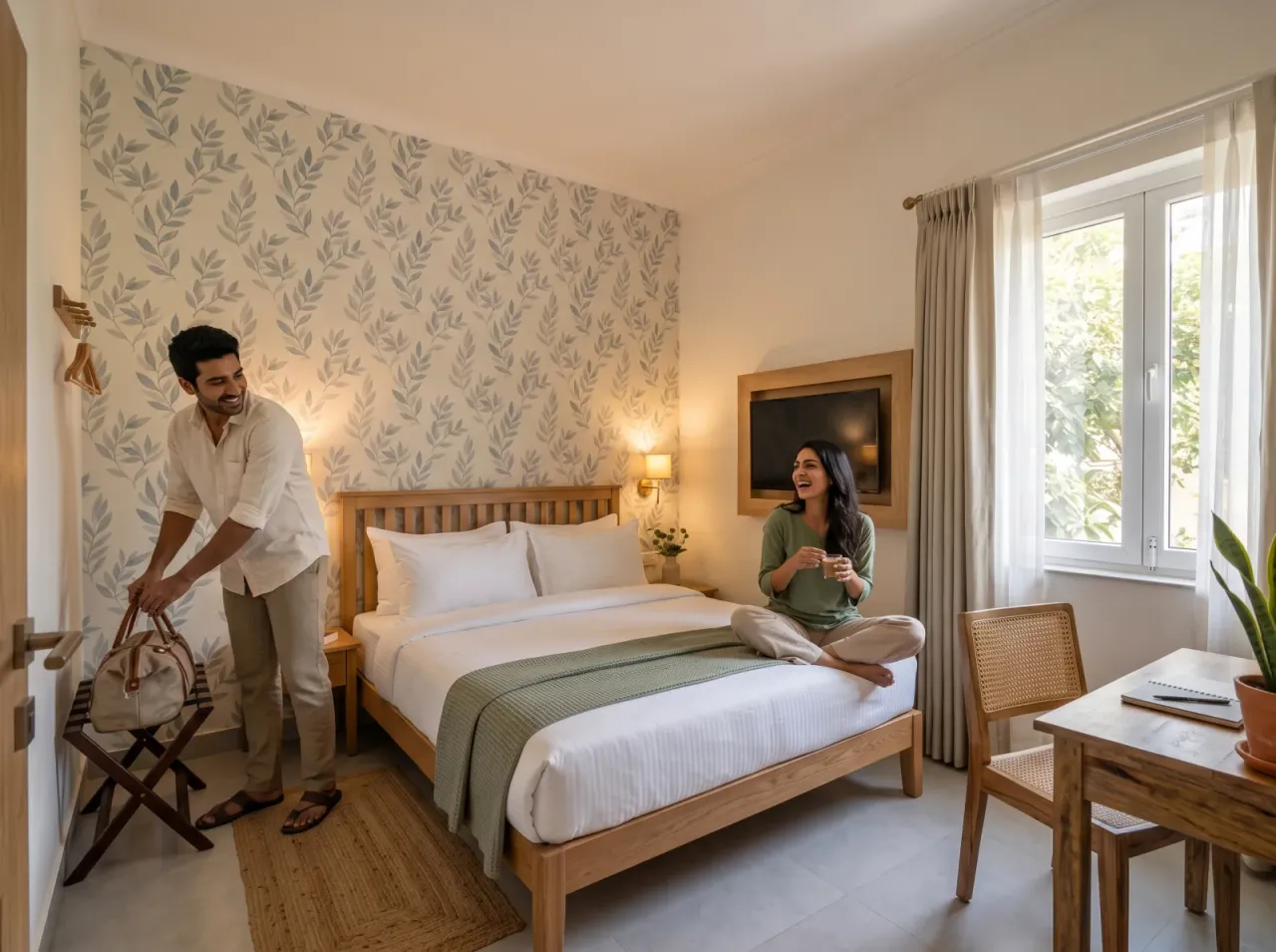 A couple arriving in their room