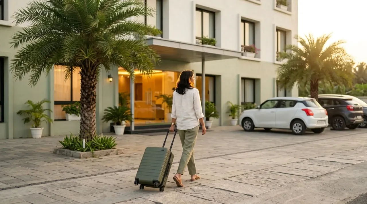 A guest arriving with her suitcase