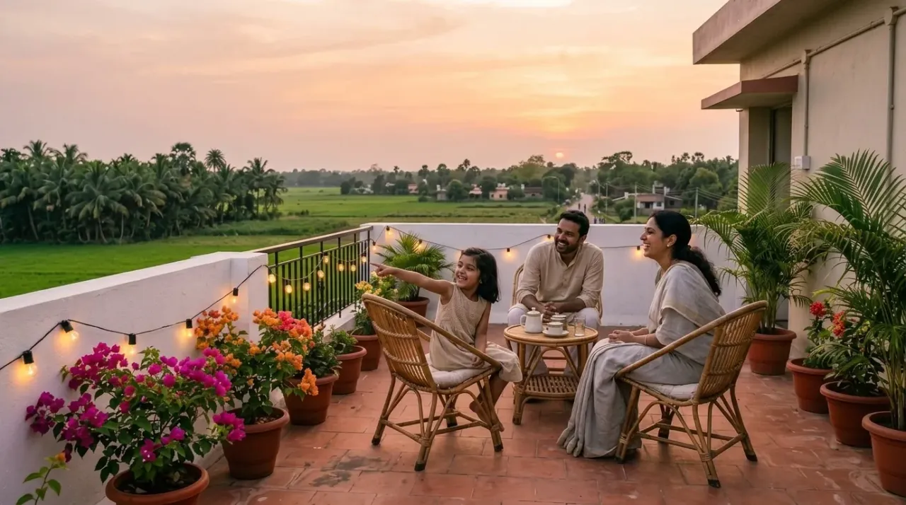 A family on the terrace at sunset