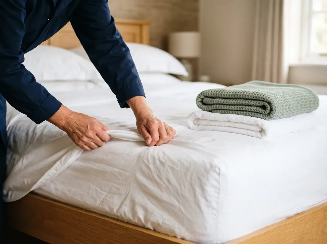 Housekeeping smoothing a fresh white sheet