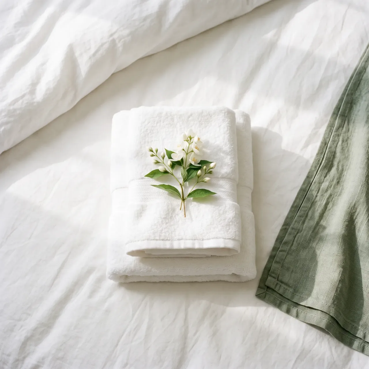 Fresh folded towels on a newly made bed
